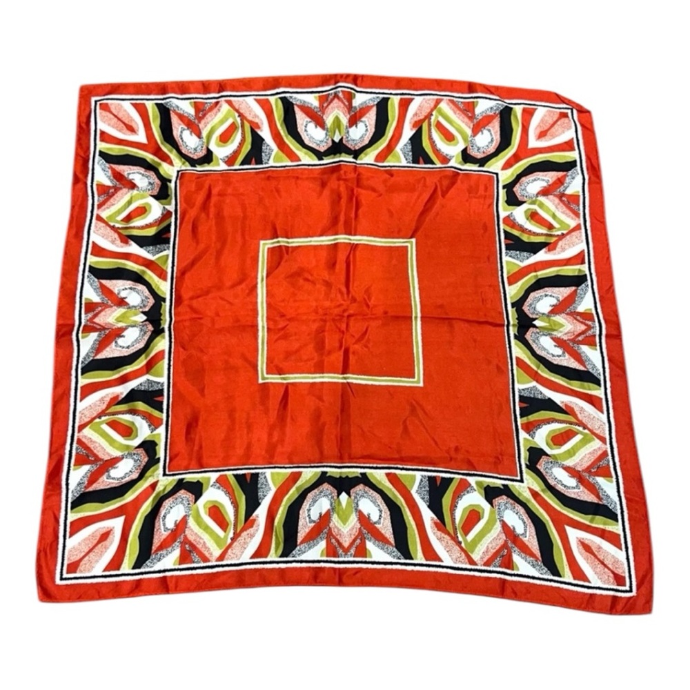 Vintage Square Scarf Red Chartreuse Satin 25" Geometric Retro